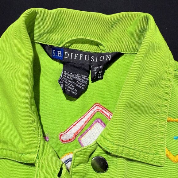 IB Diffusion VINTAGE Women's Denim Jacket Size 10 Bright Green Embroidered - Picture 9 of 10